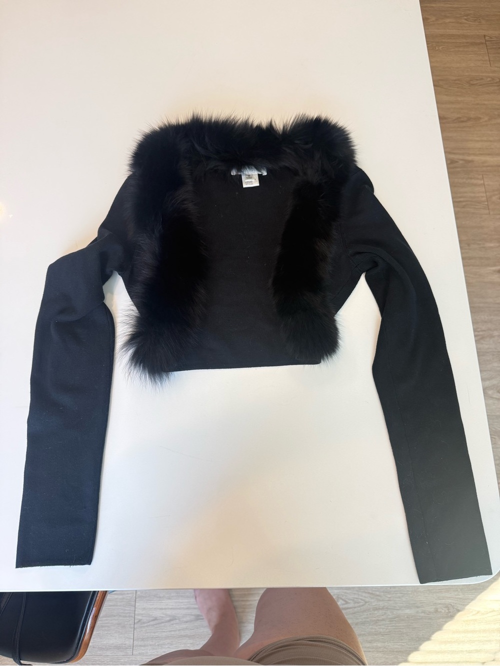 Black Real Fox Fur Trim Cropped Women's silk blend Sweater
